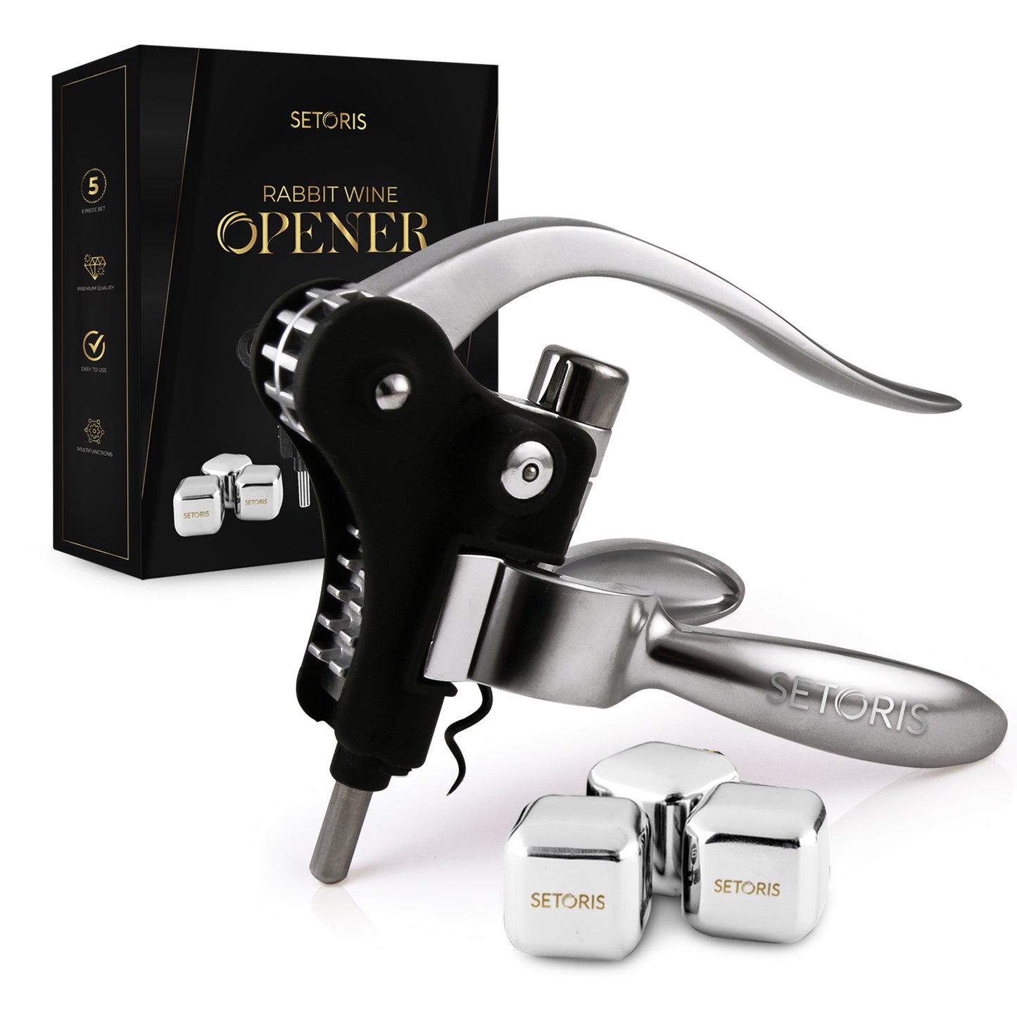 Heavy-Duty Rabbit Wine Opener With 2 Stainless Steel Ice Cubes By Setoris - Winged Corkscrew With Ergonomic Lever & Non-Stick Warm- Manual Rabbit Cork Remover- Great Wine Gift Idea