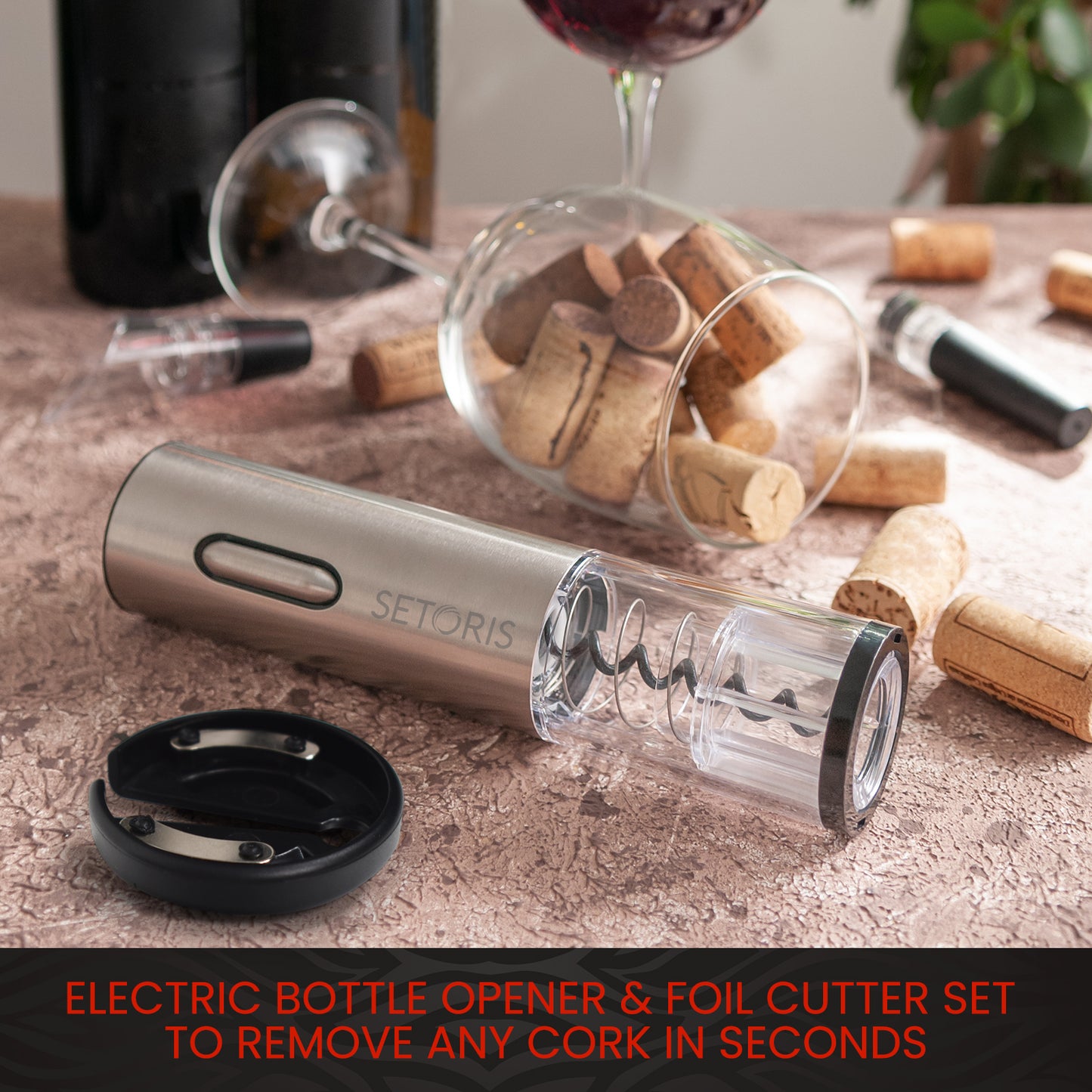 Premium Electric Wine Opener By SETORIS- Automatic Electric Wine Bottle Corkscrew Opener With Foil Cutter Set- Rechargeable Cordless Stainless Steel Bottle Opener For Home, Bars & Professional Use