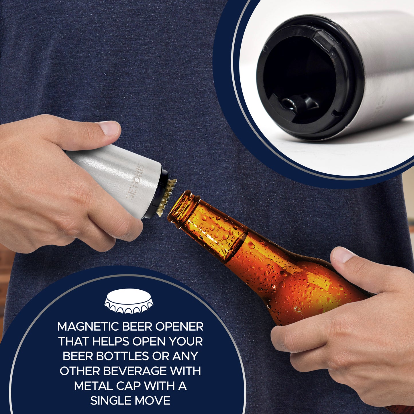 Magnetic Beer Opener & Beer Chiller Sticks For Bottles Set By Setoris- Stainless Steel Automatic Bottle Cap Opener And 2 Chilling Sticks For Cold Beer- Cool Beer Gadget & Accessory Gift Set For Men